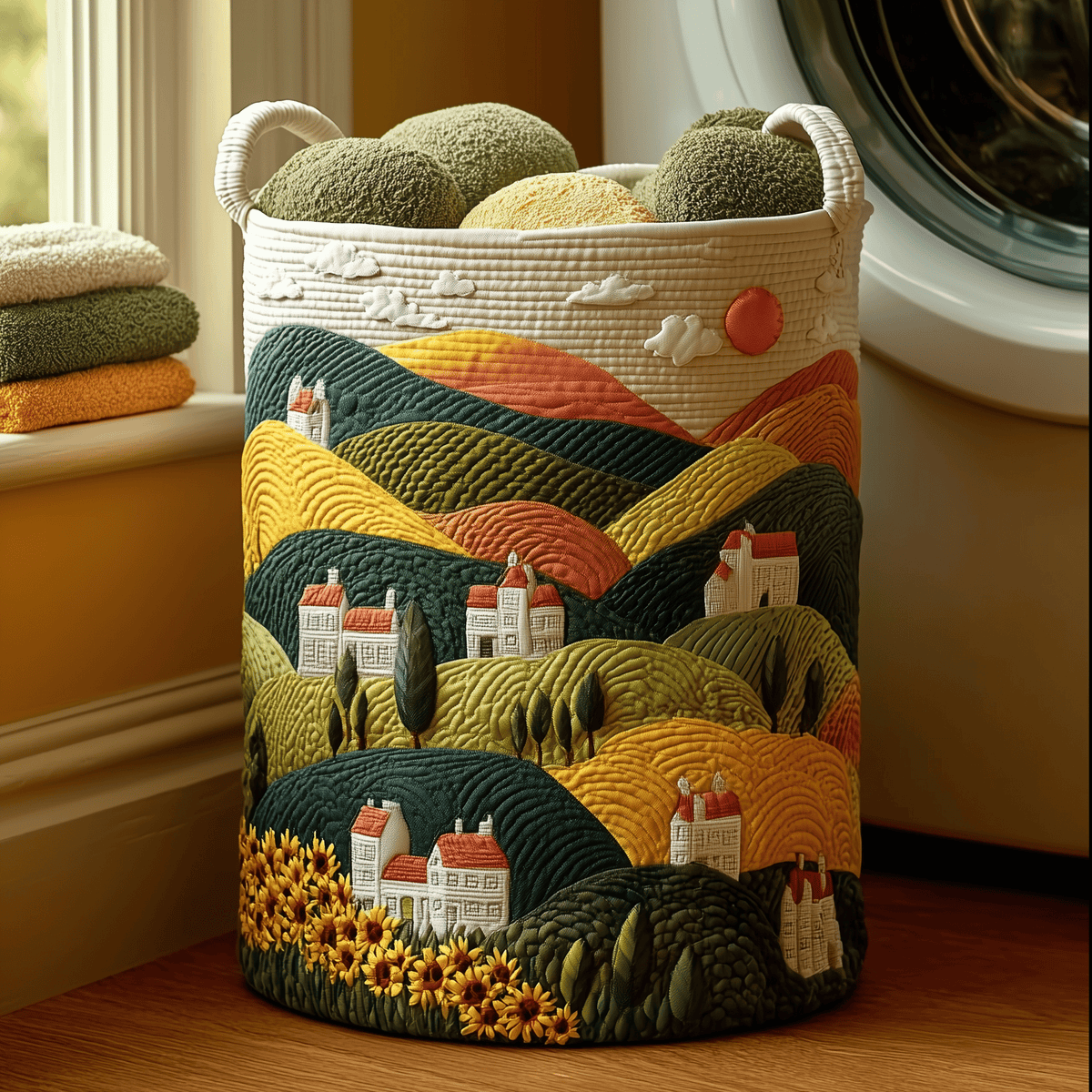 Village Glow Quilted Laundry Basket - Fabric Laundry Hamper - Housewarming Gift for Mom