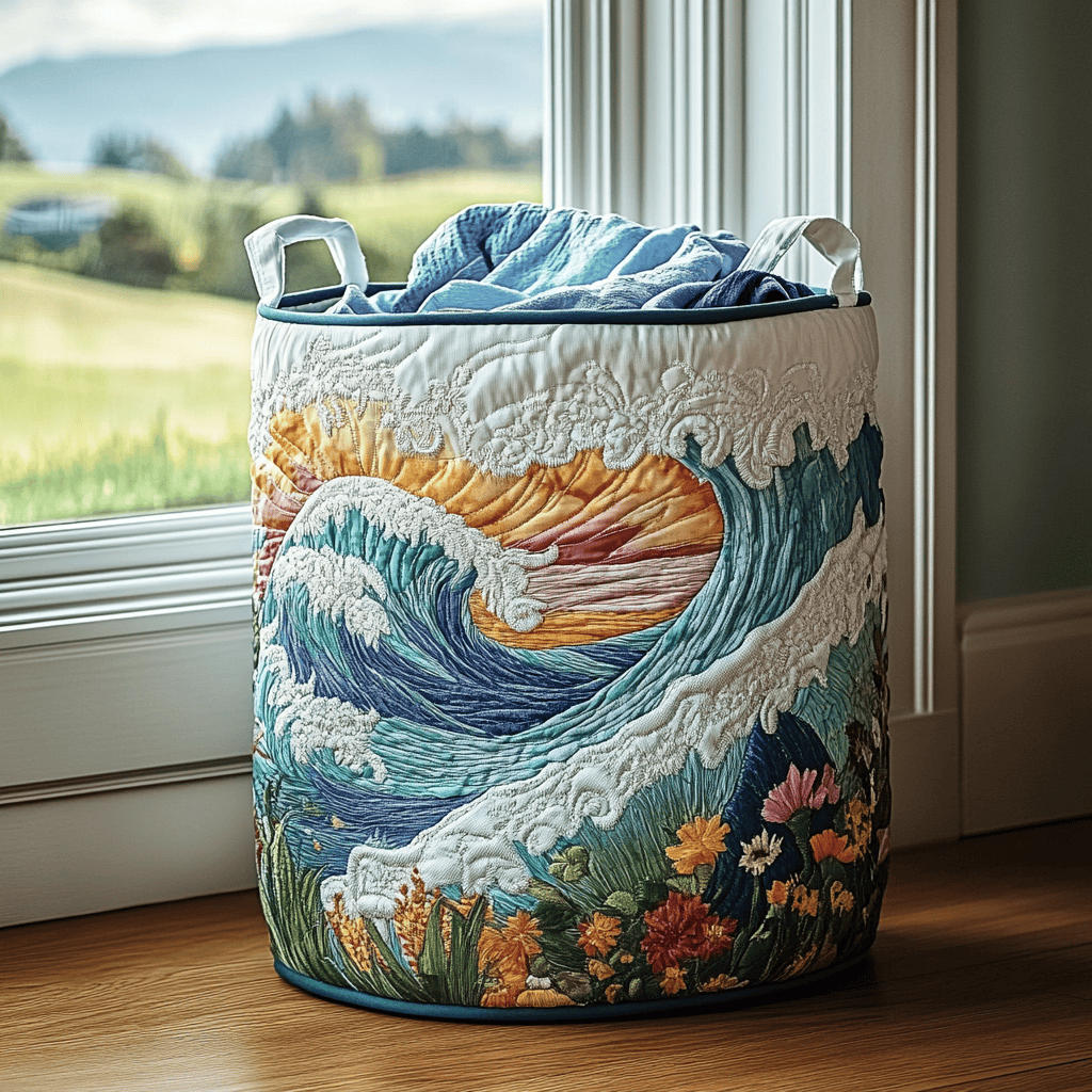 Wave Horizon Quilted Laundry Basket - Fabric Laundry Hamper - Housewarming Gift for Mom