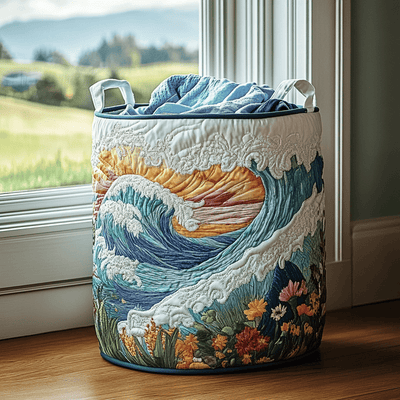 Wave Horizon Quilted Laundry Basket - Fabric Laundry Hamper - Housewarming Gift for Mom