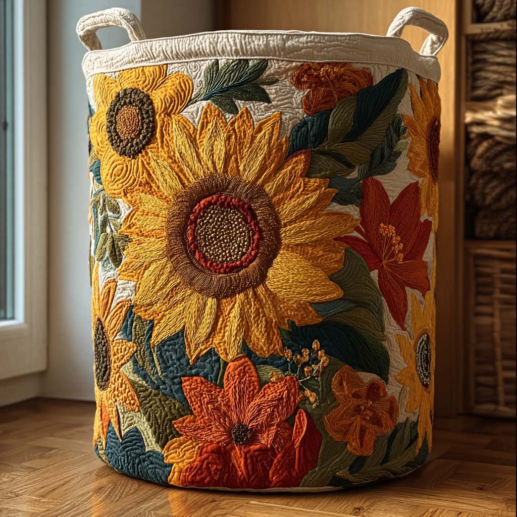 Sunlit Fields Quilted Laundry Basket - Fabric Laundry Hamper - Housewarming Gift for Mom