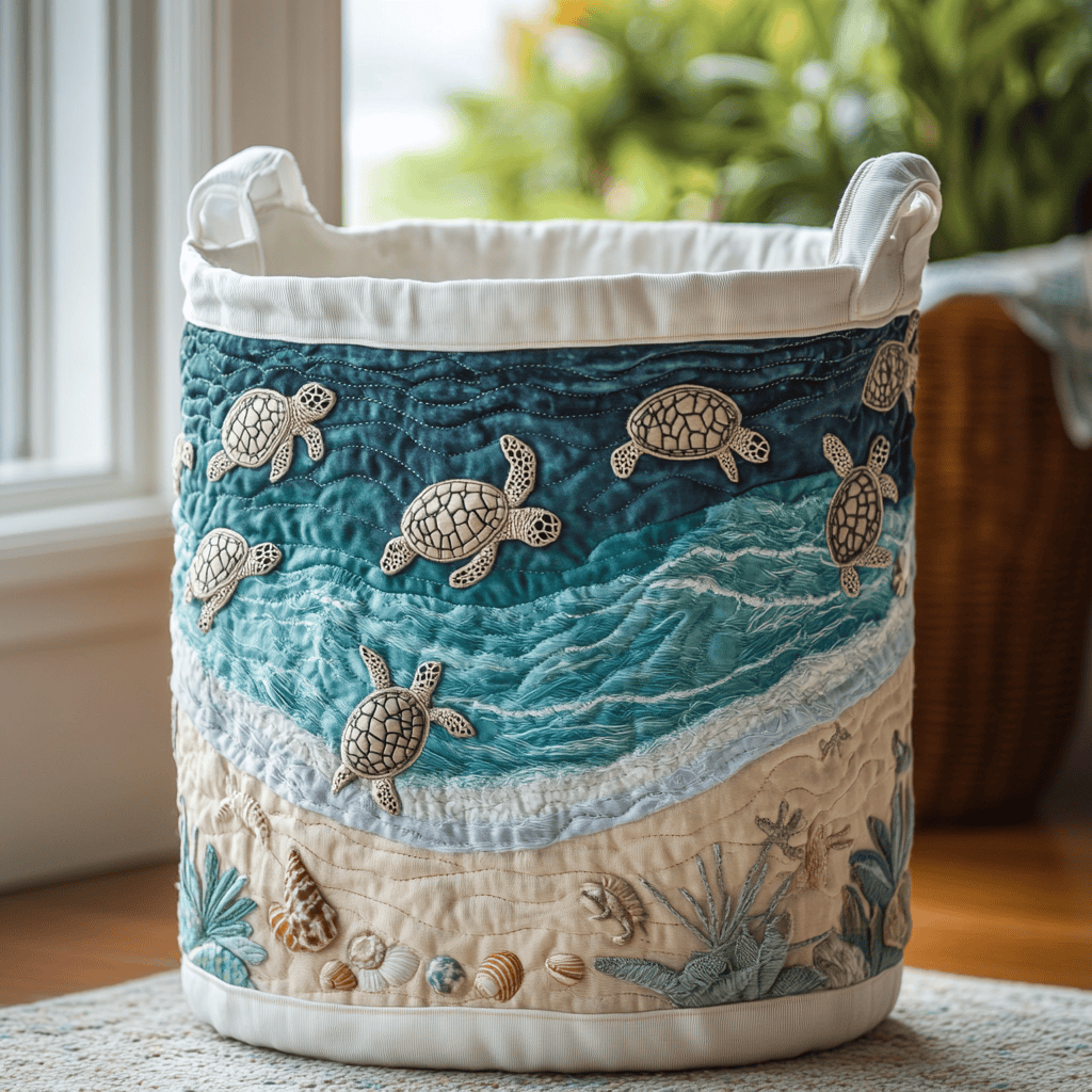 Turtle Shore Quilted Laundry Basket - Fabric Laundry Hamper - Housewarming Gift for Mom