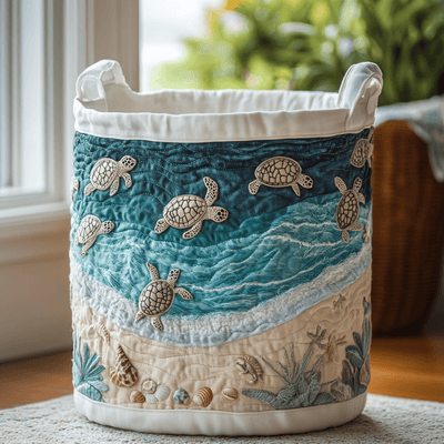 Turtle Shore Quilted Laundry Basket - Fabric Laundry Hamper - Housewarming Gift for Mom