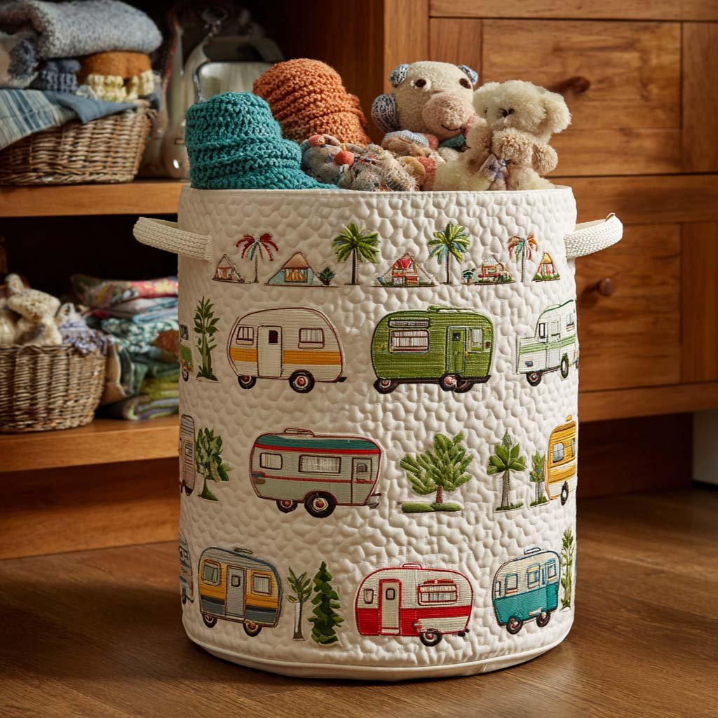 Vintage Camper Quilted Laundry Basket - Fabric Laundry Hamper - Housewarming Gift for Mom
