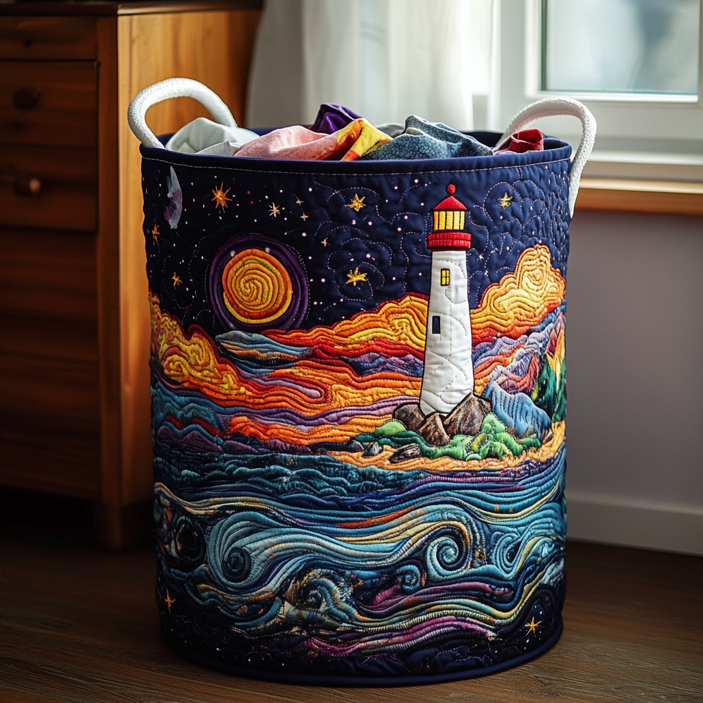 Lighthouse Dream Quilted Laundry Basket - Fabric Laundry Hamper - Housewarming Gift for Mom