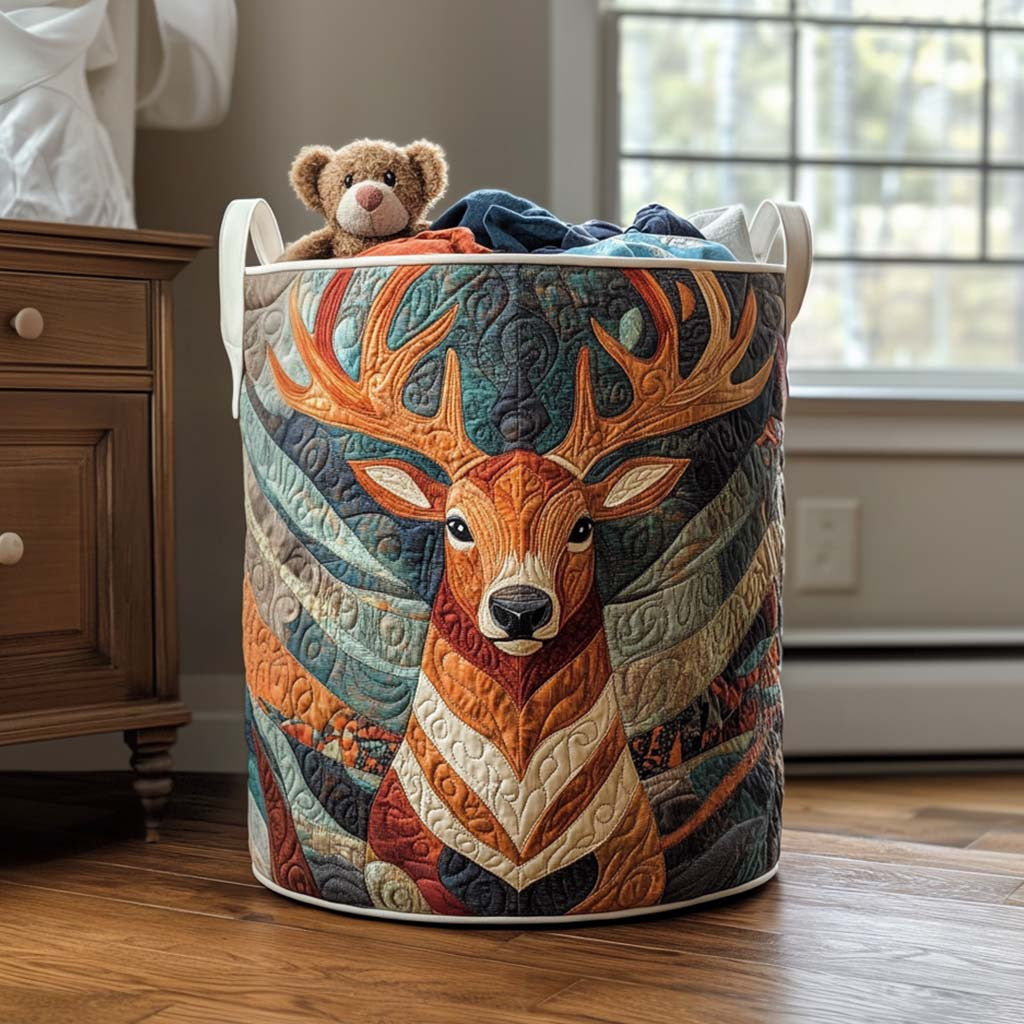 Peaceful Elk View Quilted Laundry Basket - Fabric Laundry Hamper - Housewarming Gift for Mom