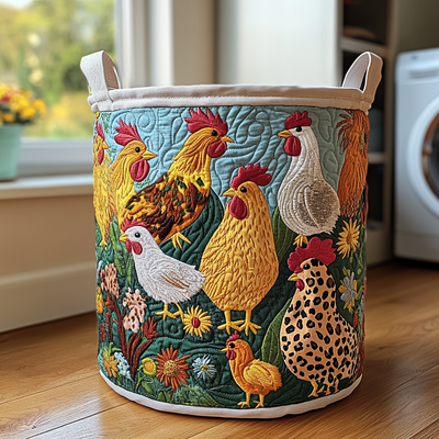 Chicken Parade Quilted Laundry Basket - Fabric Laundry Hamper - Housewarming Gift for Mom