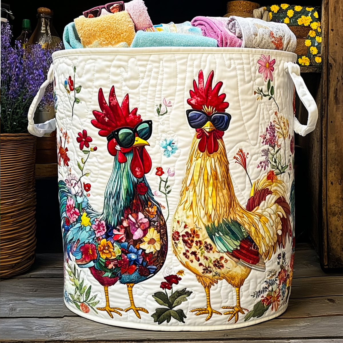Hen House Harmony Quilted Laundry Basket - Fabric Laundry Hamper - Housewarming Gift for Mom