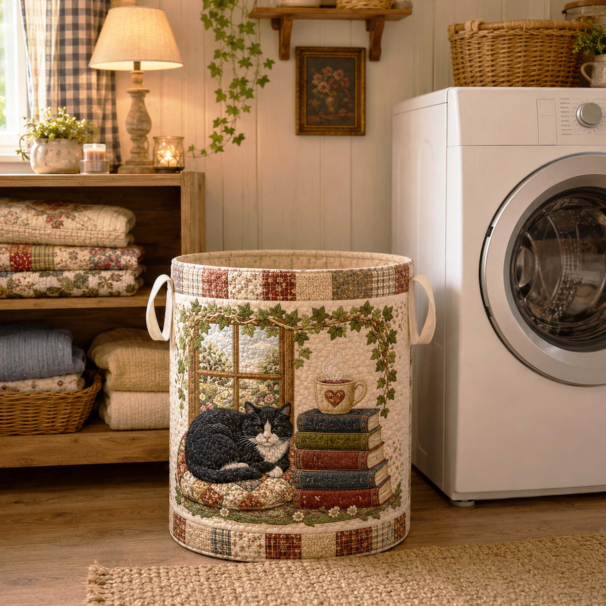 Reading Whiskers Quilted Laundry Basket - Fabric Laundry Hamper - Housewarming Gift for Mom