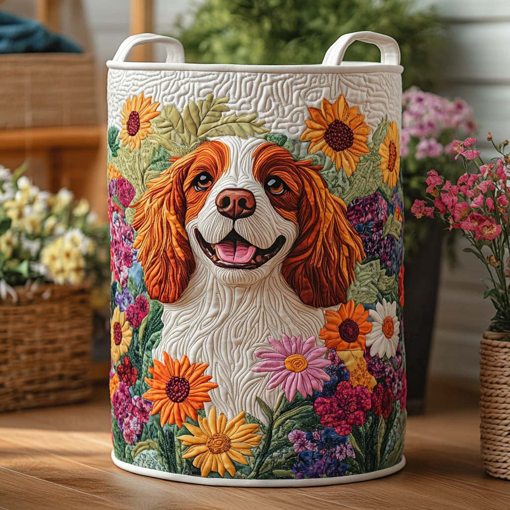Sunflower Joy Spaniel Quilted Laundry Basket - Fabric Laundry Hamper - Housewarming Gift for Mom