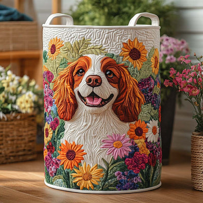 Sunflower Joy Spaniel Quilted Laundry Basket - Fabric Laundry Hamper - Housewarming Gift for Mom