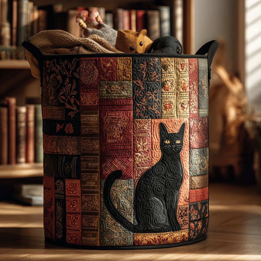 The Bookish Cat Quilted Laundry Basket - Fabric Laundry Hamper - Housewarming Gift for Mom