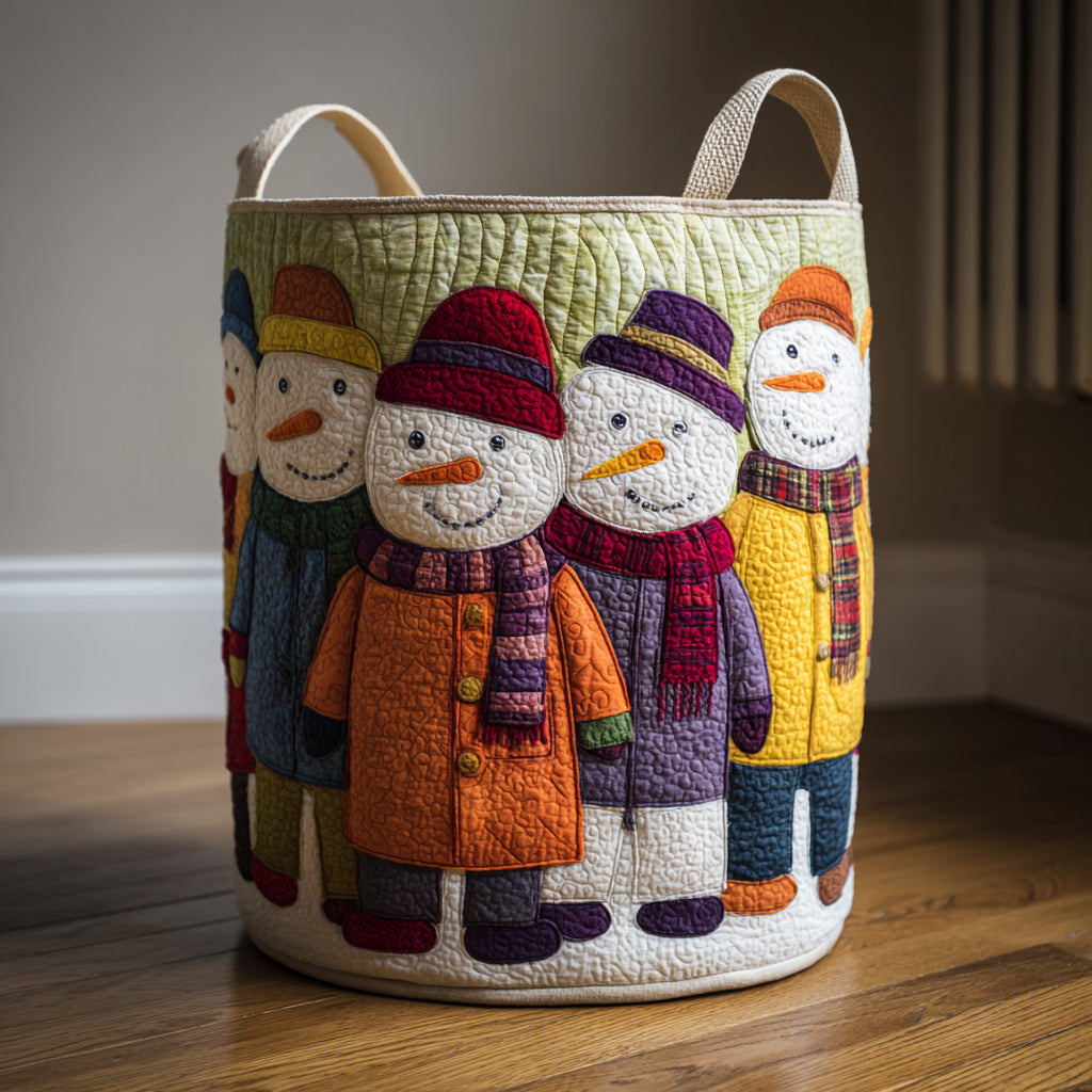 Rainbow Snowman Friends Quilted Laundry Basket - Fabric Laundry Hamper - Housewarming Gift for Mom