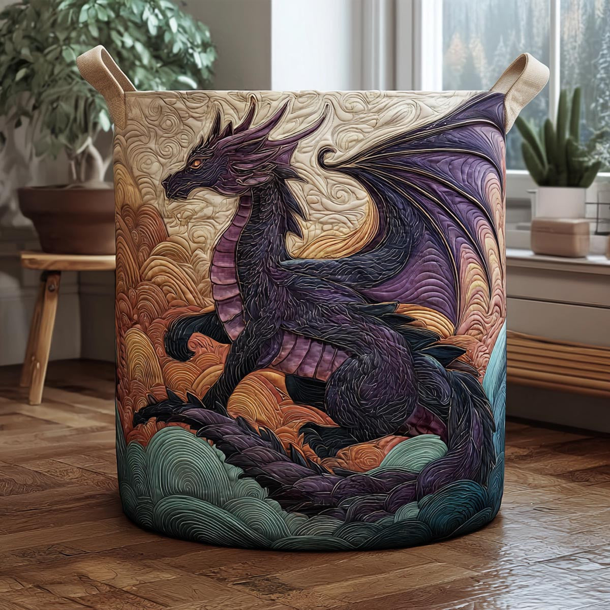 Dragon Realm Quilted Laundry Basket - Fabric Laundry Hamper - Housewarming Gift for Mom