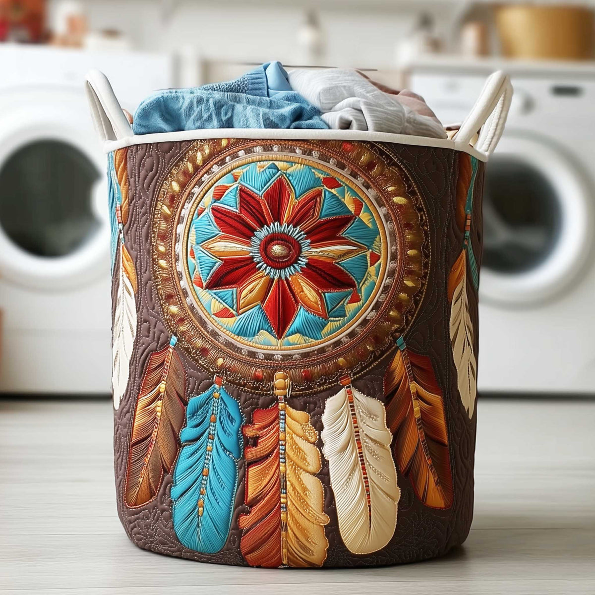 Tribal Sunburst Dreamcatcher Quilted Laundry Basket - Fabric Laundry Hamper - Housewarming Gift for Mom