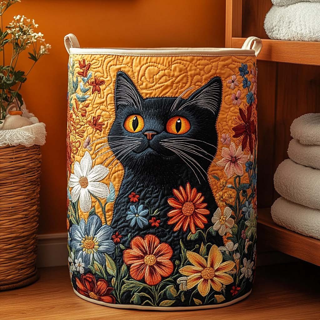 Floral Feline Quilted Laundry Basket - Fabric Laundry Hamper - Housewarming Gift for Mom