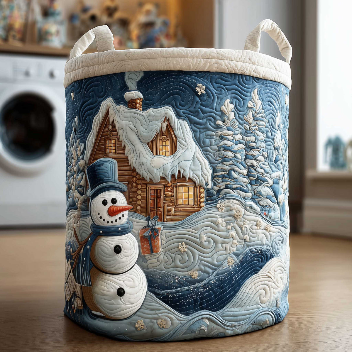Snowy Cottage Winter Quilted Laundry Basket - Fabric Laundry Hamper - Housewarming Gift for Mom