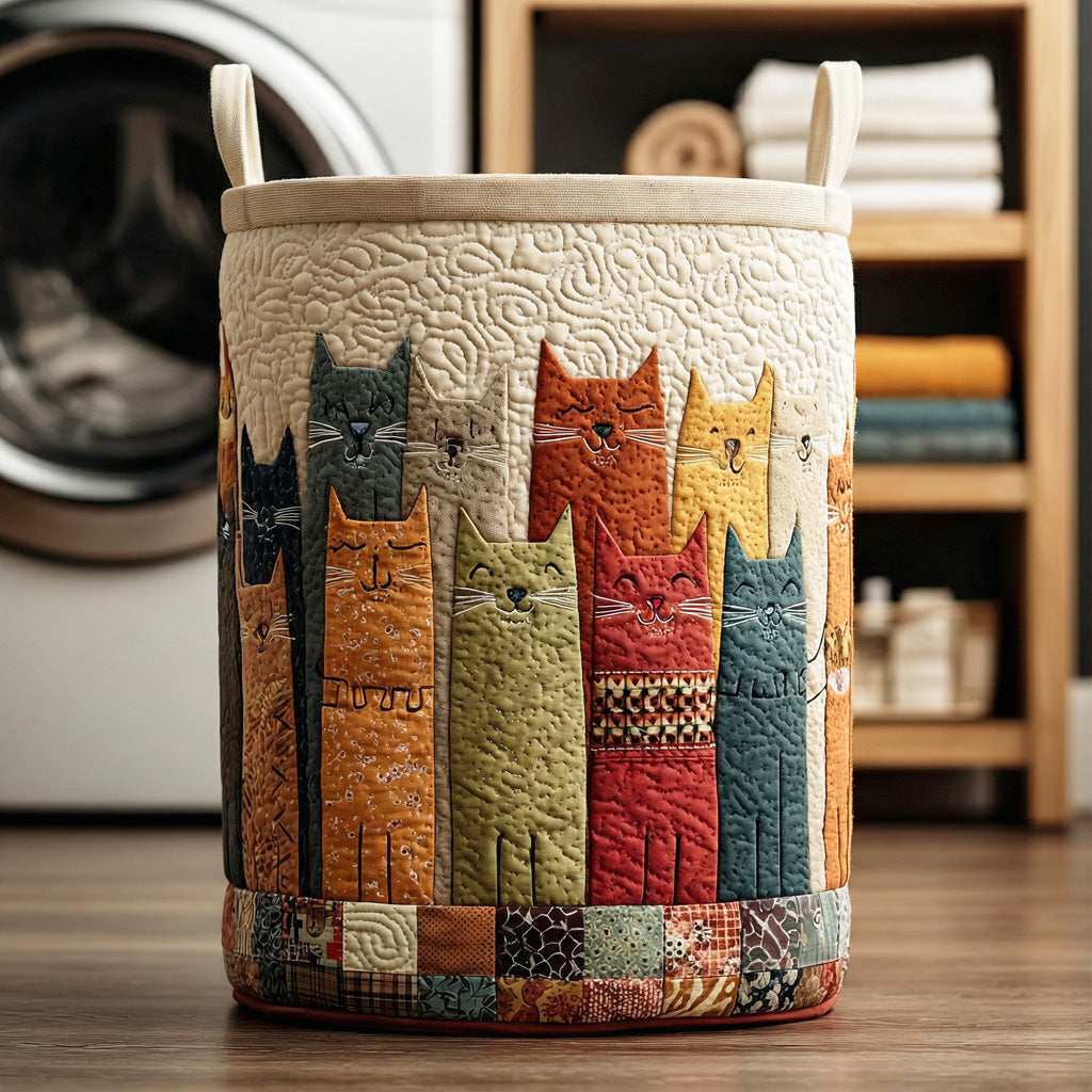 Patchwork Cats Quilted Laundry Basket - Fabric Laundry Hamper - Housewarming Gift for Mom