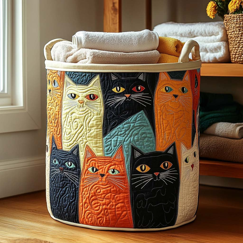 Patchwork Kitties Quilted Laundry Basket - Fabric Laundry Hamper - Housewarming Gift for Mom