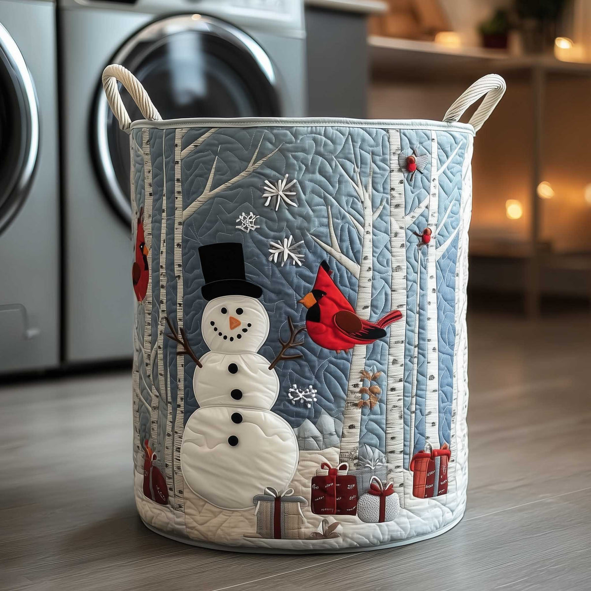 Cardinal And Snowman Winter Quilted Laundry Basket - Fabric Laundry Hamper - Housewarming Gift for Mom