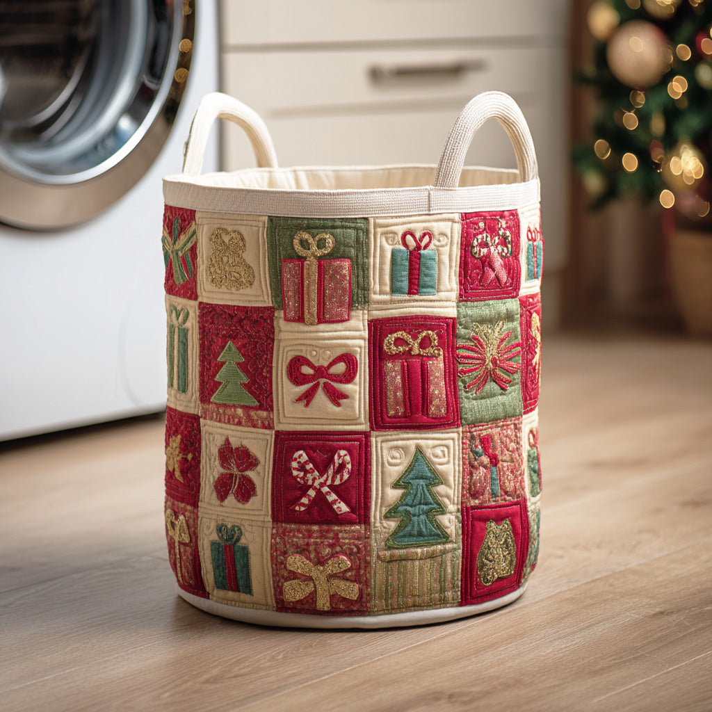 Holly Night Glow Quilted Laundry Basket - Fabric Laundry Hamper - Housewarming Gift for Mom