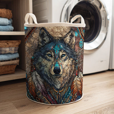 Ancient Trail Wolf Quilted Laundry Basket - Fabric Laundry Hamper - Housewarming Gift for Mom