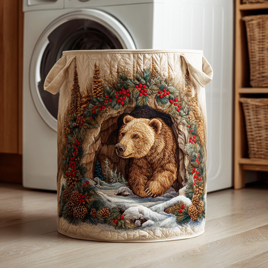 Wild Bear Winter Quilted Laundry Basket - Fabric Laundry Hamper - Housewarming Gift for Mom