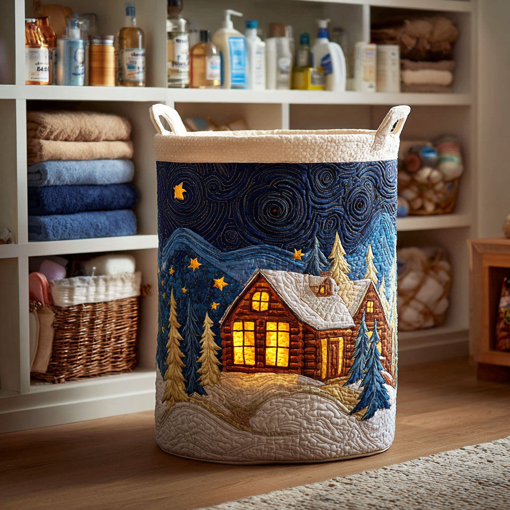 Moonlit Cabin Quilted Laundry Basket - Fabric Laundry Hamper - Housewarming Gift for Mom
