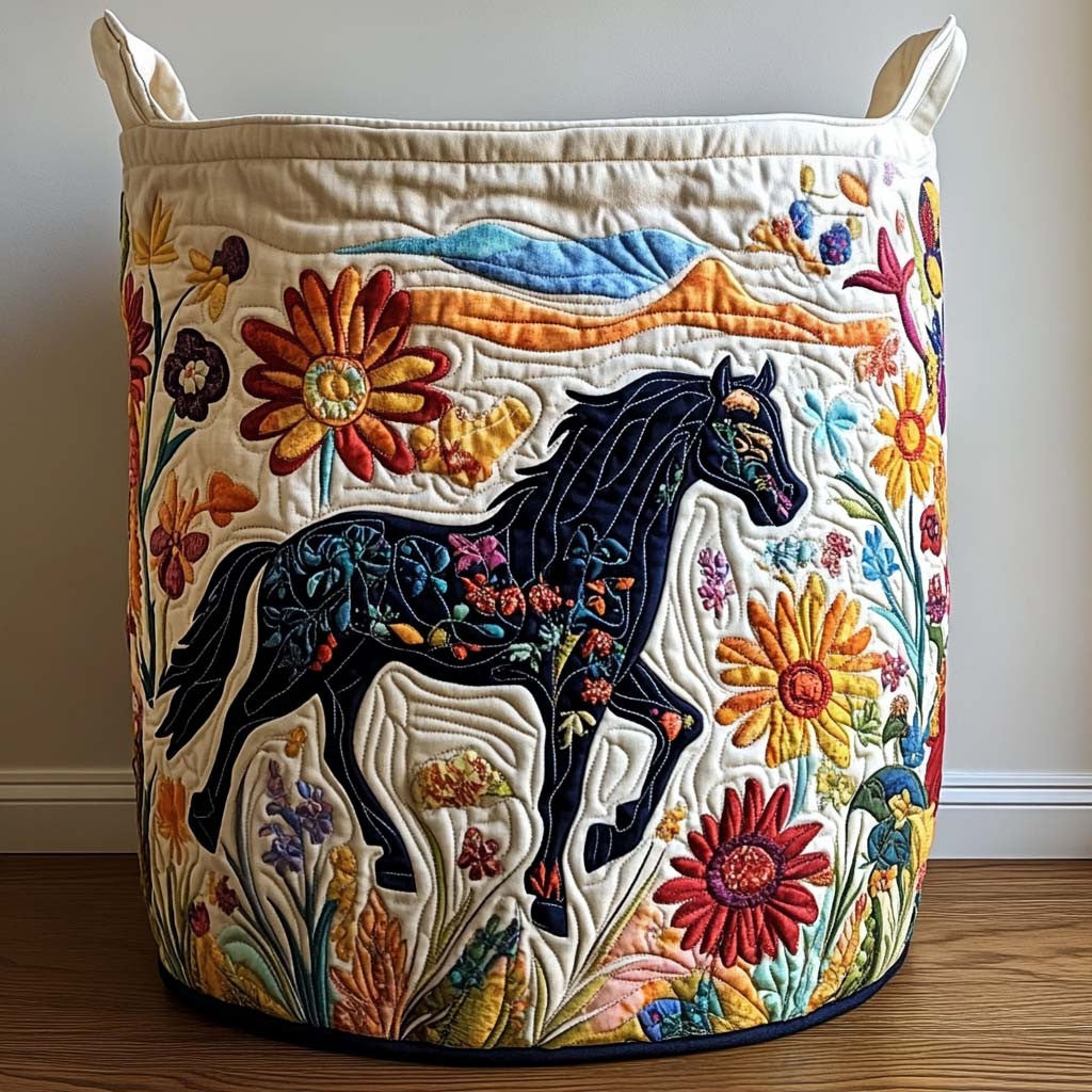 Jumping Stallion Quilted Laundry Basket - Fabric Laundry Hamper - Housewarming Gift for Mom