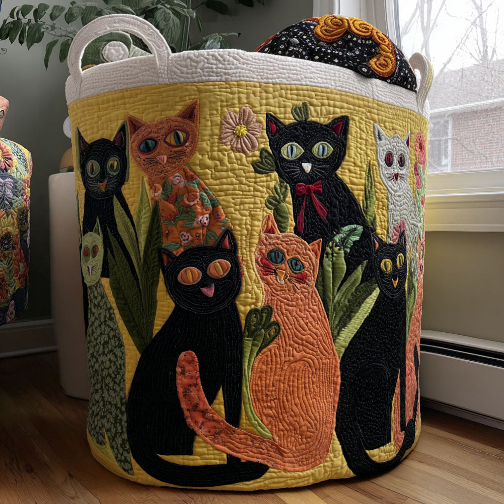 Purring Blossoms Quilted Laundry Basket - Fabric Laundry Hamper - Housewarming Gift for Mom