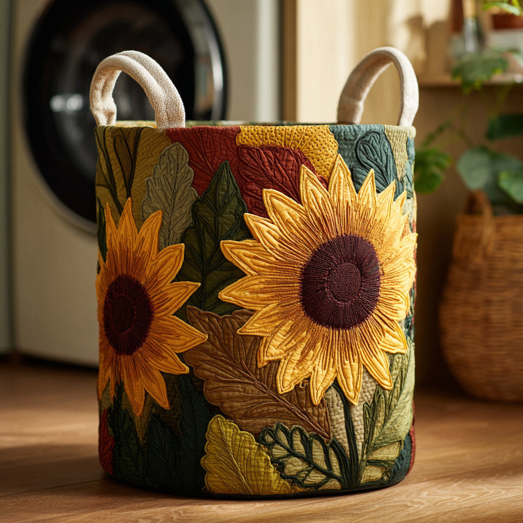 Emerald Sunflower Quilted Laundry Basket - Fabric Laundry Hamper - Housewarming Gift for Mom