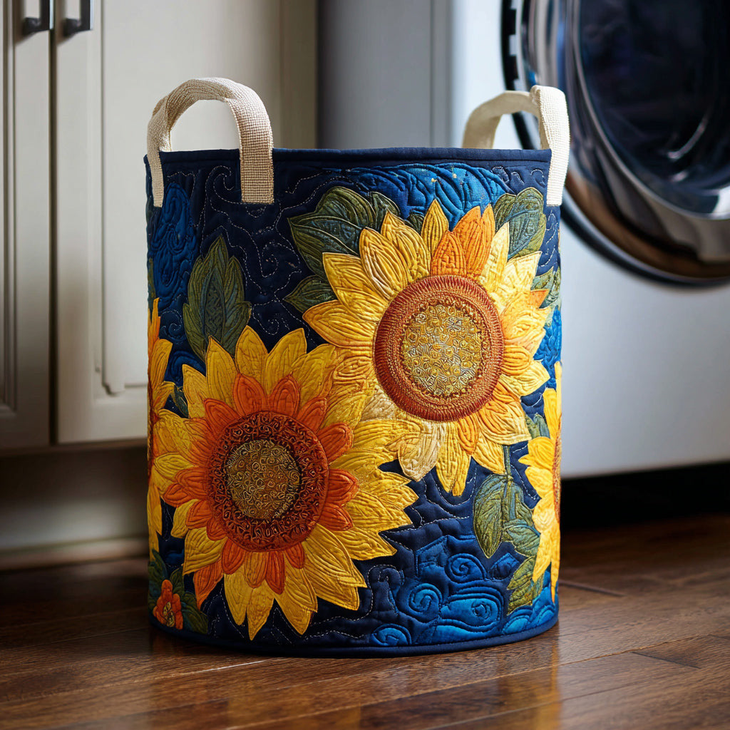 Azure Sunflower Quilted Laundry Basket - Fabric Laundry Hamper - Housewarming Gift for Mom