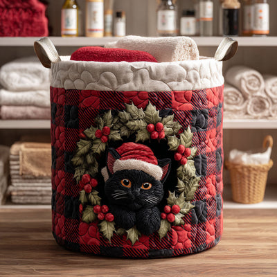 Winter Wreath Cat Quilted Laundry Basket - Fabric Laundry Hamper - Housewarming Gift for Mom