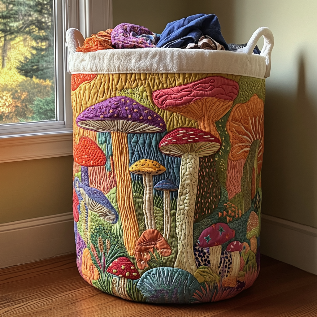 Mushroom Path Quilted Laundry Basket - Fabric Laundry Hamper - Housewarming Gift for Mom