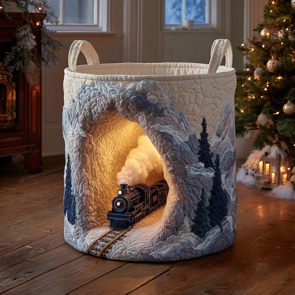 Santas Train Stop Quilted Laundry Basket - Fabric Laundry Hamper - Housewarming Gift for Mom