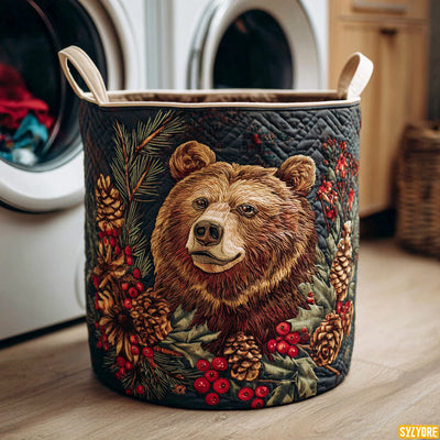 Christmas Bear Trail Quilted Laundry Basket - Fabric Laundry Hamper - Housewarming Gift for Mom