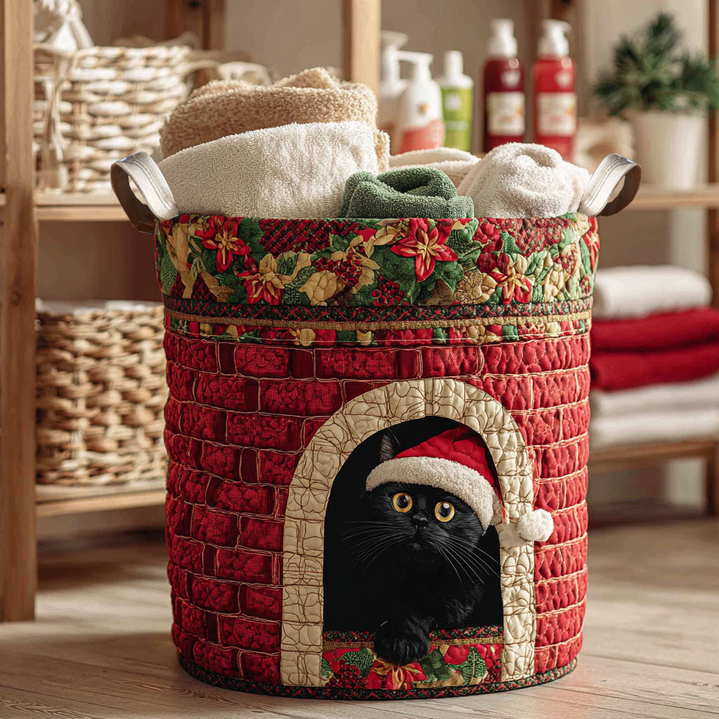 Festive Chimney Cat Quilted Laundry Basket - Fabric Laundry Hamper - Housewarming Gift for Mom
