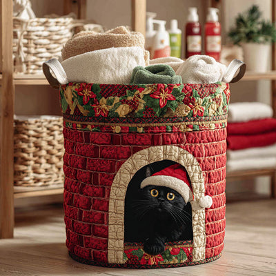 Festive Chimney Cat Quilted Laundry Basket - Fabric Laundry Hamper - Housewarming Gift for Mom