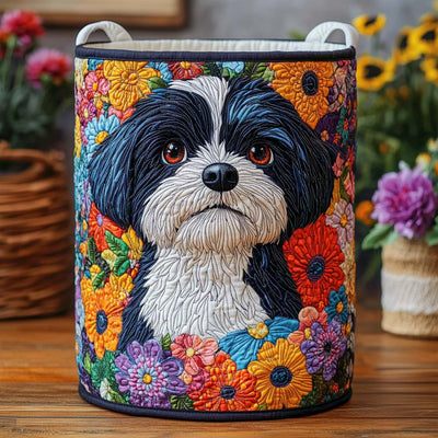 Flower Pup Quilted Laundry Basket - Fabric Laundry Hamper - Housewarming Gift for Mom