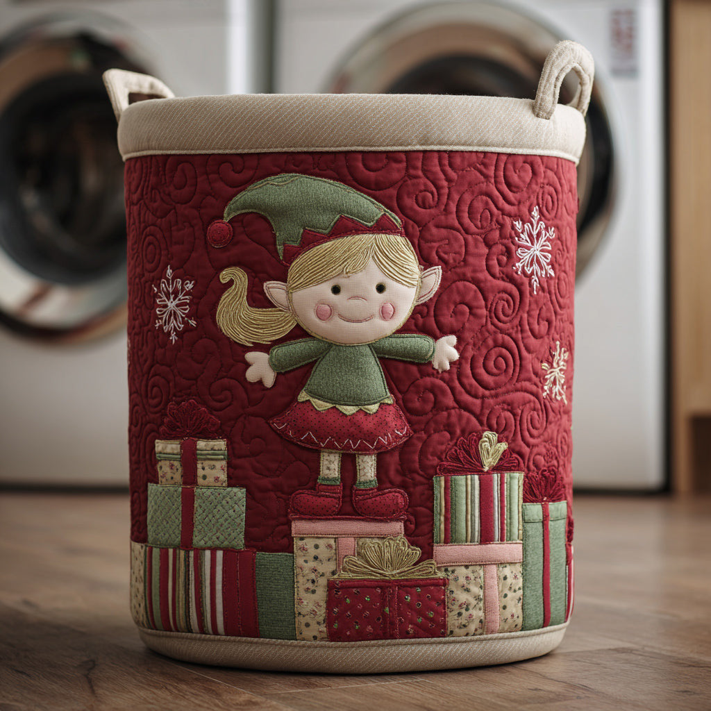 Gift Giving Elf Quilted Laundry Basket - Fabric Laundry Hamper - Housewarming Gift for Mom