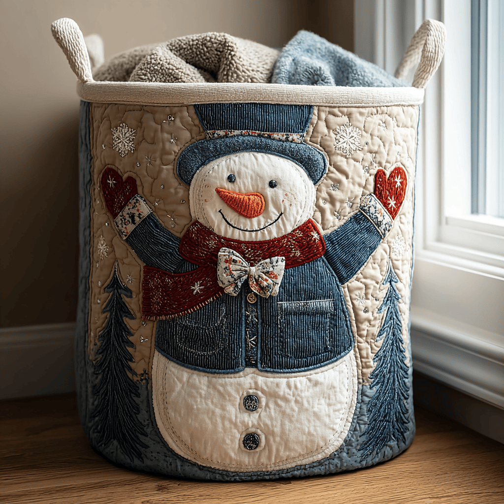 Snowman Magic Quilted Laundry Basket - Fabric Laundry Hamper - Housewarming Gift for Mom
