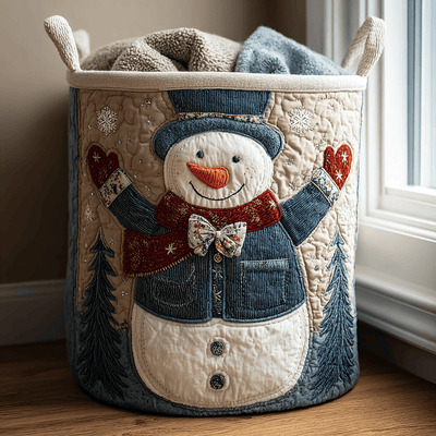 Snowman Magic Quilted Laundry Basket - Fabric Laundry Hamper - Housewarming Gift for Mom