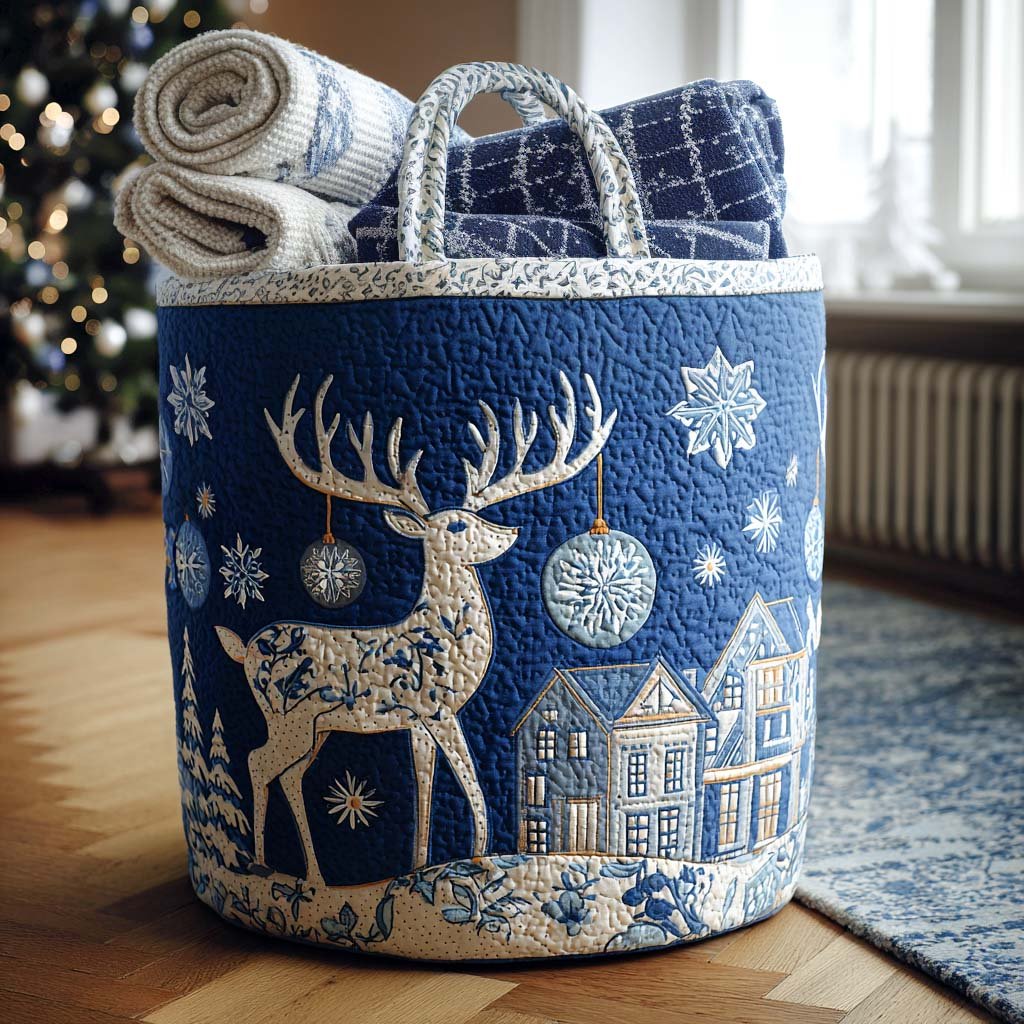 Snowfall Reindeer Quilted Laundry Basket - Fabric Laundry Hamper - Housewarming Gift for Mom