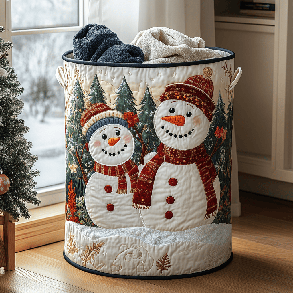 Snowman Delight Quilted Laundry Basket - Fabric Laundry Hamper - Housewarming Gift for Mom