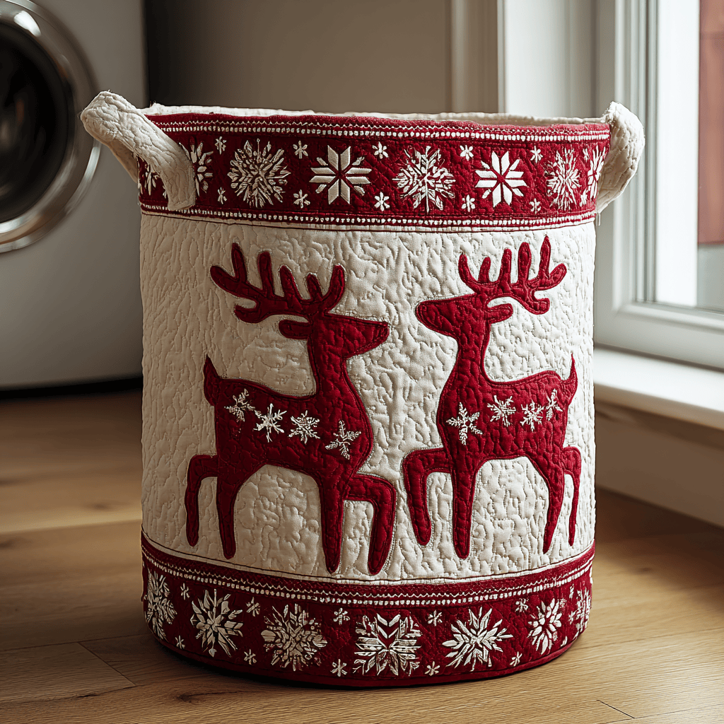 Reindeer Glow Quilted Laundry Basket - Fabric Laundry Hamper - Housewarming Gift for Mom