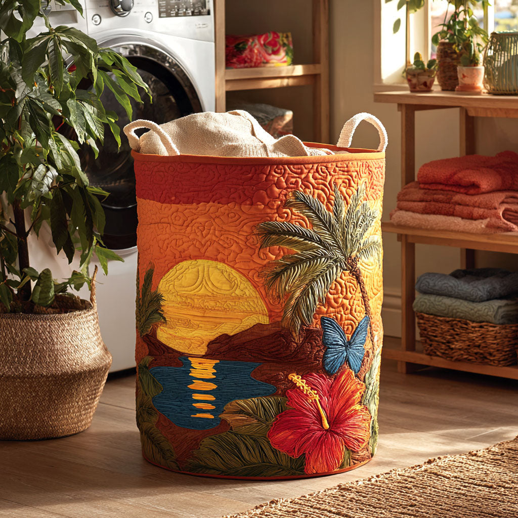 Tropical Sunset Quilted Laundry Basket - Fabric Laundry Hamper - Housewarming Gift for Mom