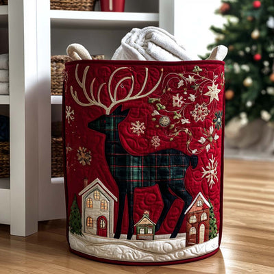 Winter Cottage Reindeer Quilted Laundry Basket - Fabric Laundry Hamper - Housewarming Gift for Mom
