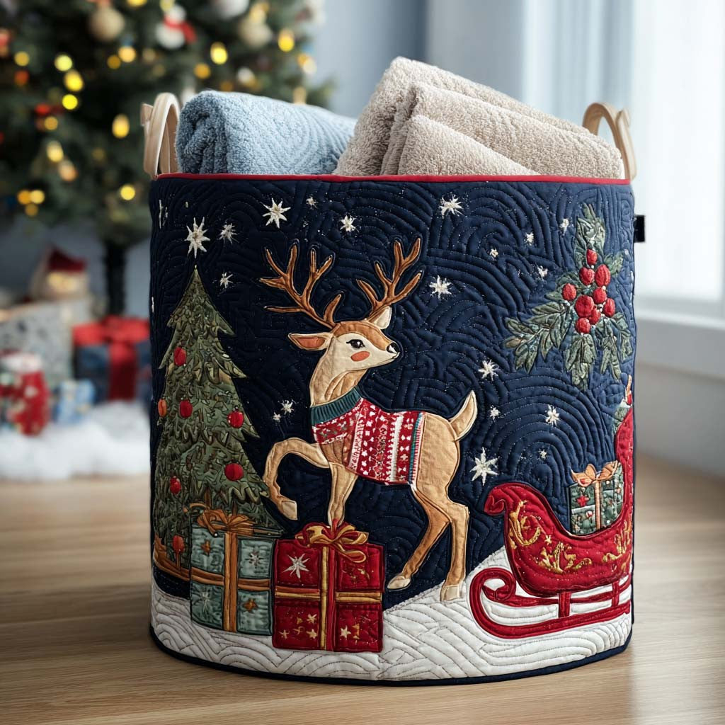 Frostlight Reindeer Quilted Laundry Basket - Fabric Laundry Hamper - Housewarming Gift for Mom