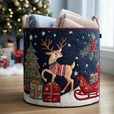 Frostlight Reindeer Quilted Laundry Basket - Fabric Laundry Hamper - Housewarming Gift for Mom