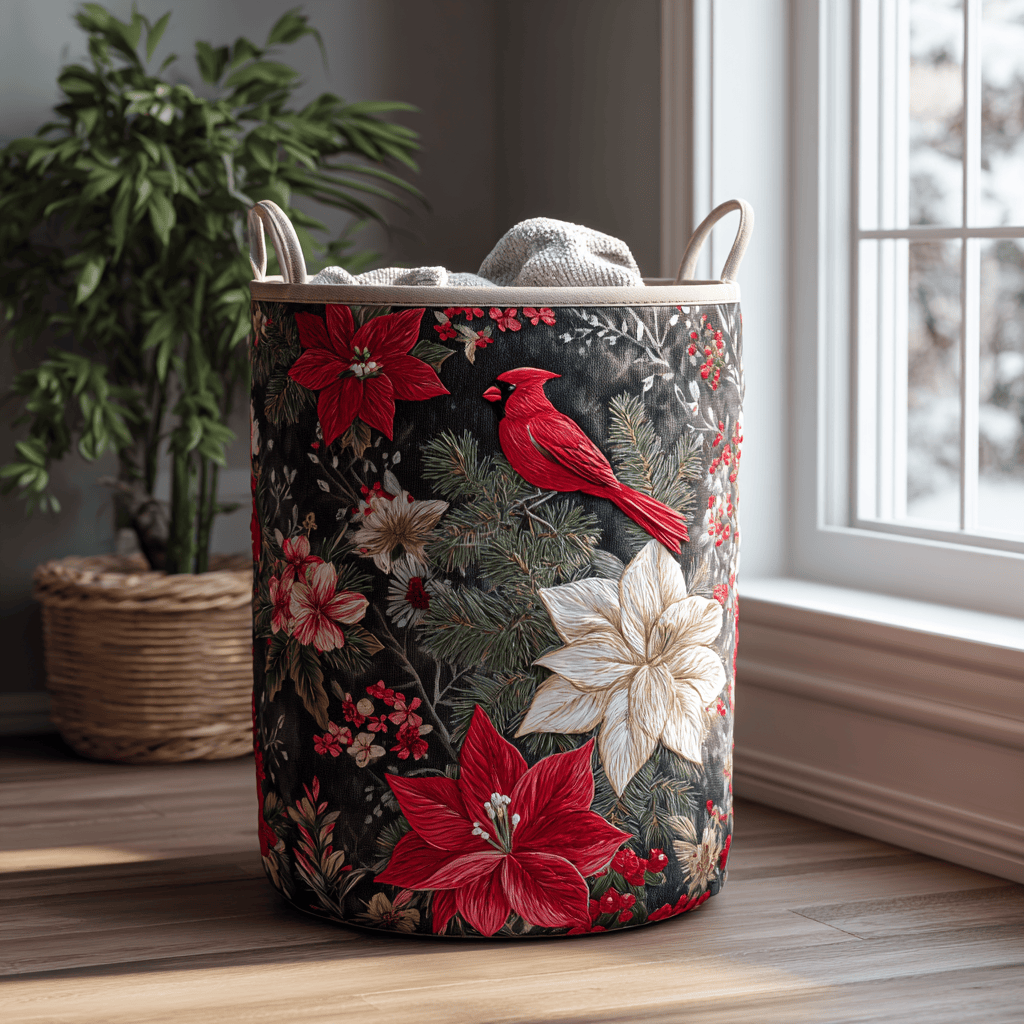 Winter Bloom Quilted Laundry Basket - Fabric Laundry Hamper - Housewarming Gift for Mom