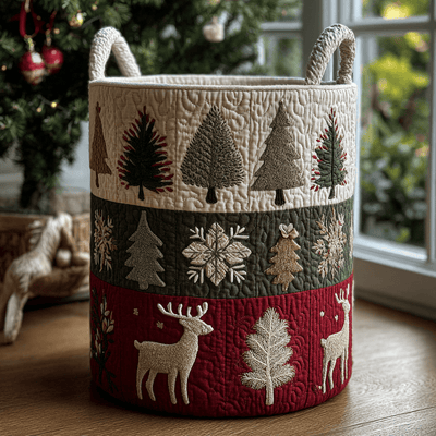 Reindeer Joy Quilted Laundry Basket - Fabric Laundry Hamper - Housewarming Gift for Mom